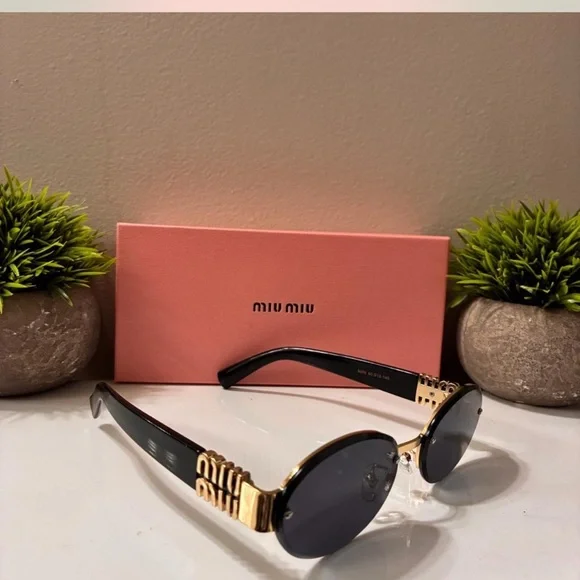 Miu Miu Black and Gold Round-Edge Sunglasses - Picture 2 of 5